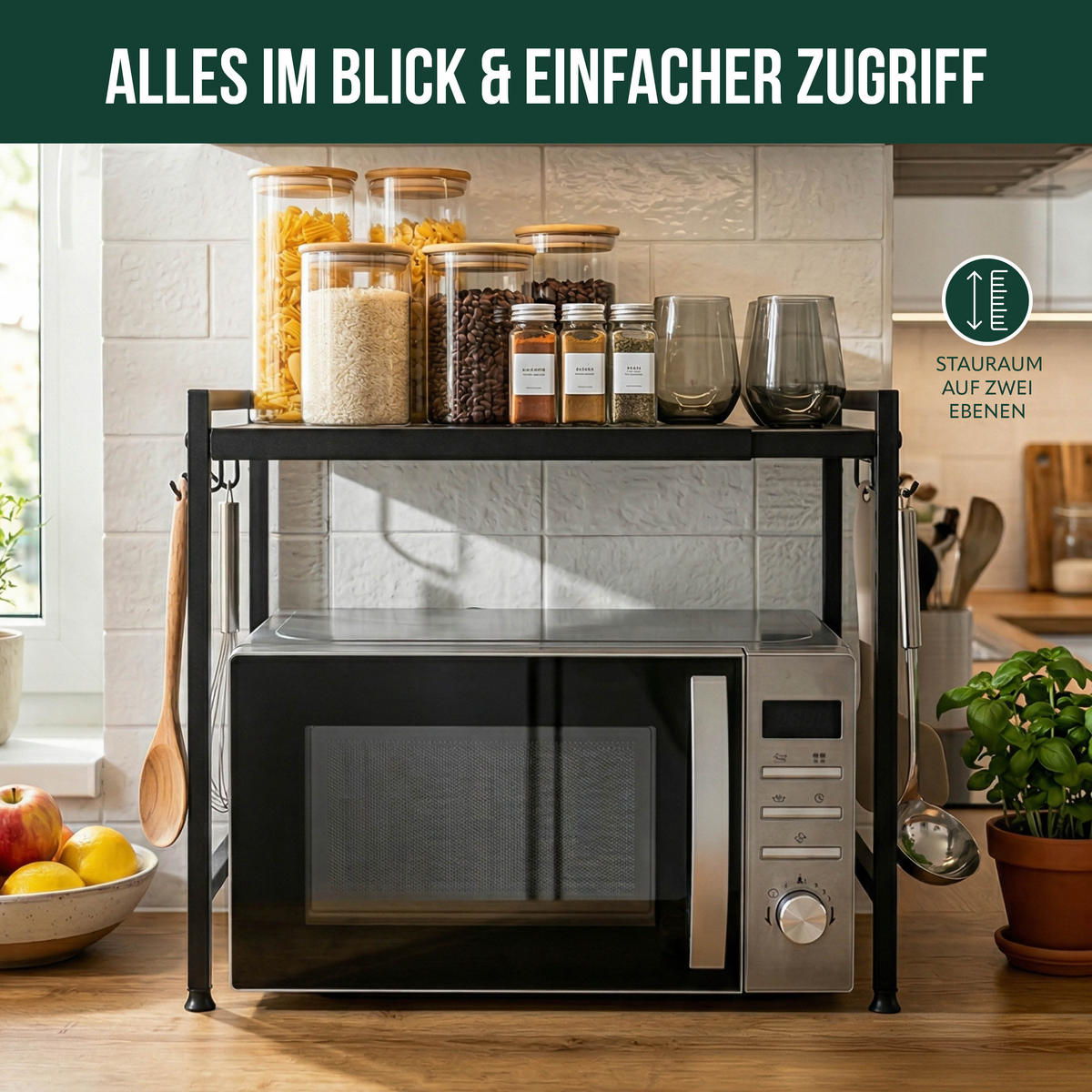 MIKROWELLENREGAL, schwarz, Metall - Schwarz, Metall (65.5/34/31.5cm) - eluno