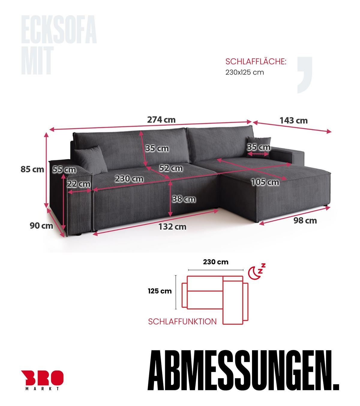 ECKSOFA ADI XL mit Schlaffunktion Grau Cord - Grau, Textil (272/143cm) - Bromarkt