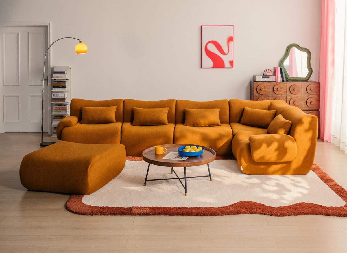 WOHNLANDSCHAFT Bouclé-Stoff Zimtbraun - Hellbraun, Textil (356/73/190cm) - MILYsofa