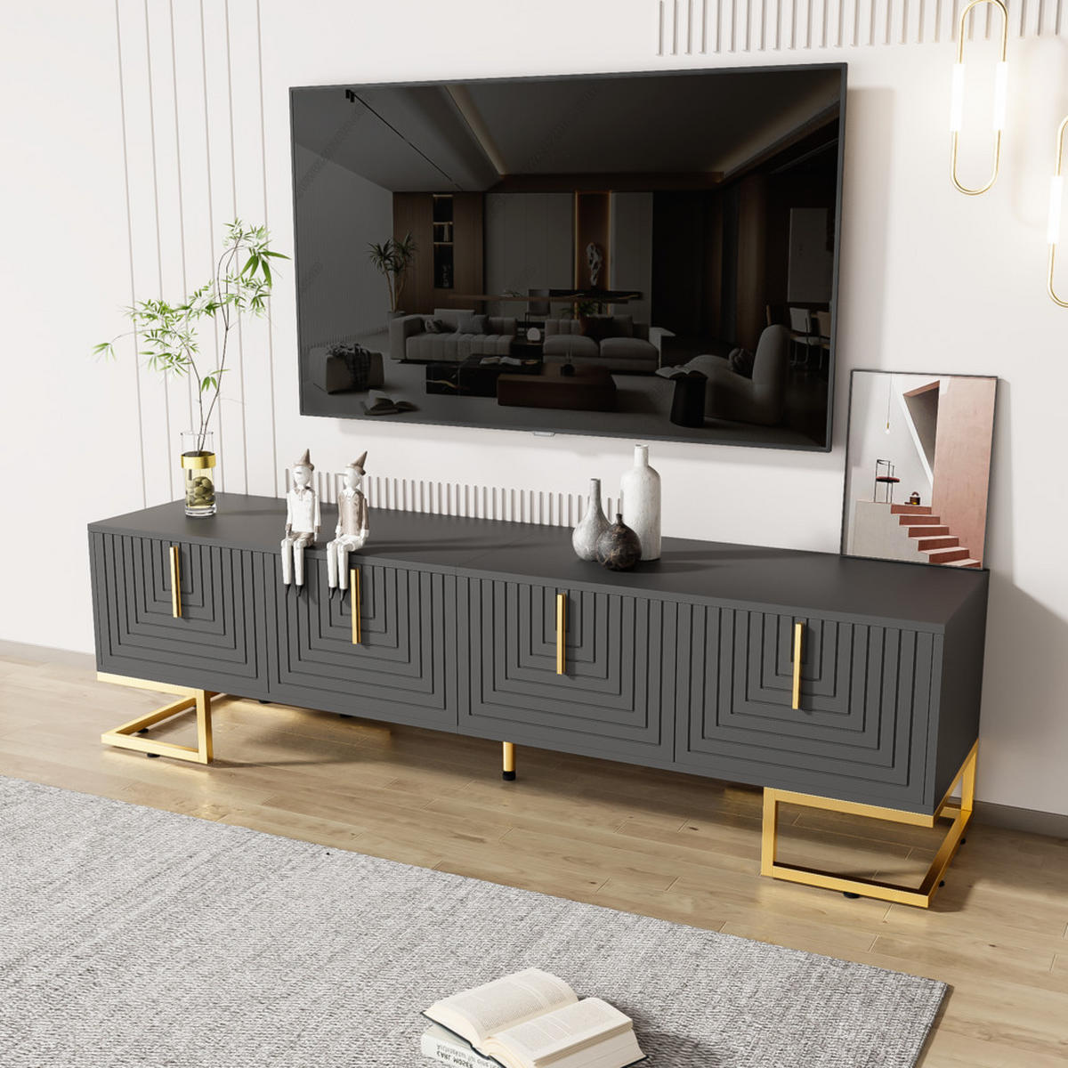 TV-SCHRANK Lowboard Goldene Griffe Füße 70-79 Zoll Schwarz Grau - Grau, Holz (49/13.5/99.5cm) - FLIEKS