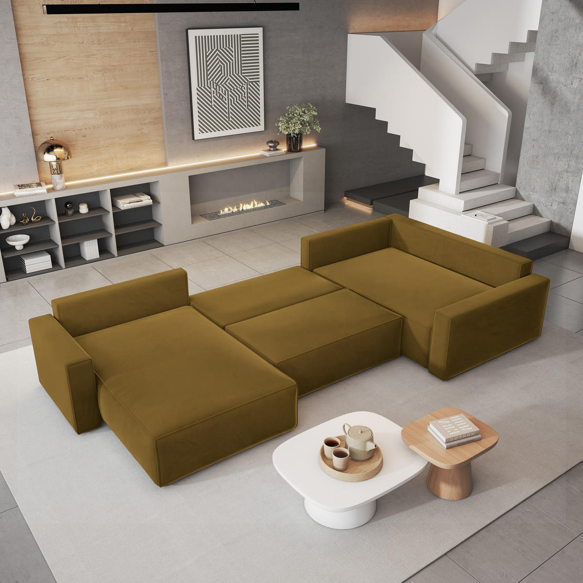 WOHNLANDSCHAFT VELAMI R-S Gelb Velours-Stoff mit Schlaffunktion - Gelb, Holz (365/83/194cm) - MASSENO