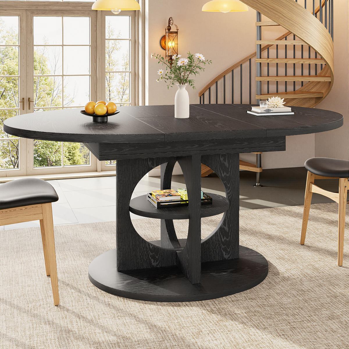 ESSTISCH Ausziehbar 110-150Cm Rund Oval Stauraum Schwarz - Schwarz, Holzwerkstoff (110/110/76cm) - FLIEKS