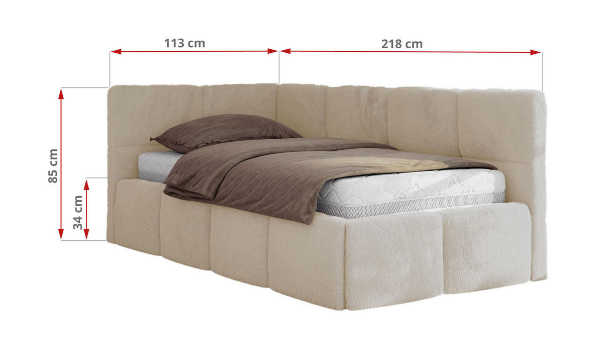 JUGENDBETT ARVO 90/200 - Creme Plüsch - Foam-Matratze - Links Seite - Creme, Textil (90/200cm) - MKS