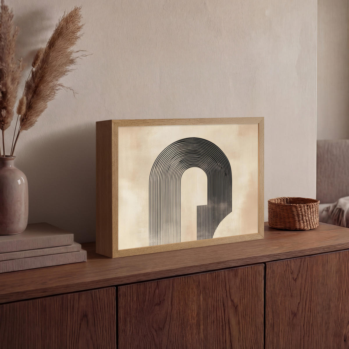 NÁSTĚNNÁ LAMPA S AKUMULÁTOREM Luk - Pruhy - Minimalistický - Černý 40x30 cm - béžová, kompozitní dřevo (40/30/8cm) - OnlyWow