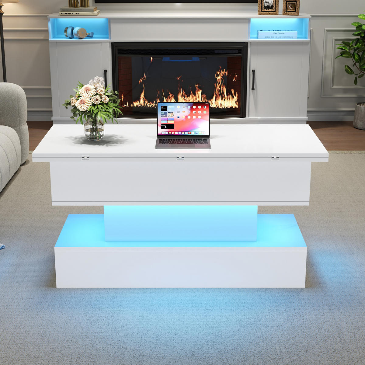 COUCHTISCH in Weiß höhenverstellbar Kaffeetisch mit Steckdose und LED-Licht für Wohnzimmer, B100/T50/H51.5cm - Weiß, Holzwerkstoff/Metall (50/100/51cm) - STILVORA