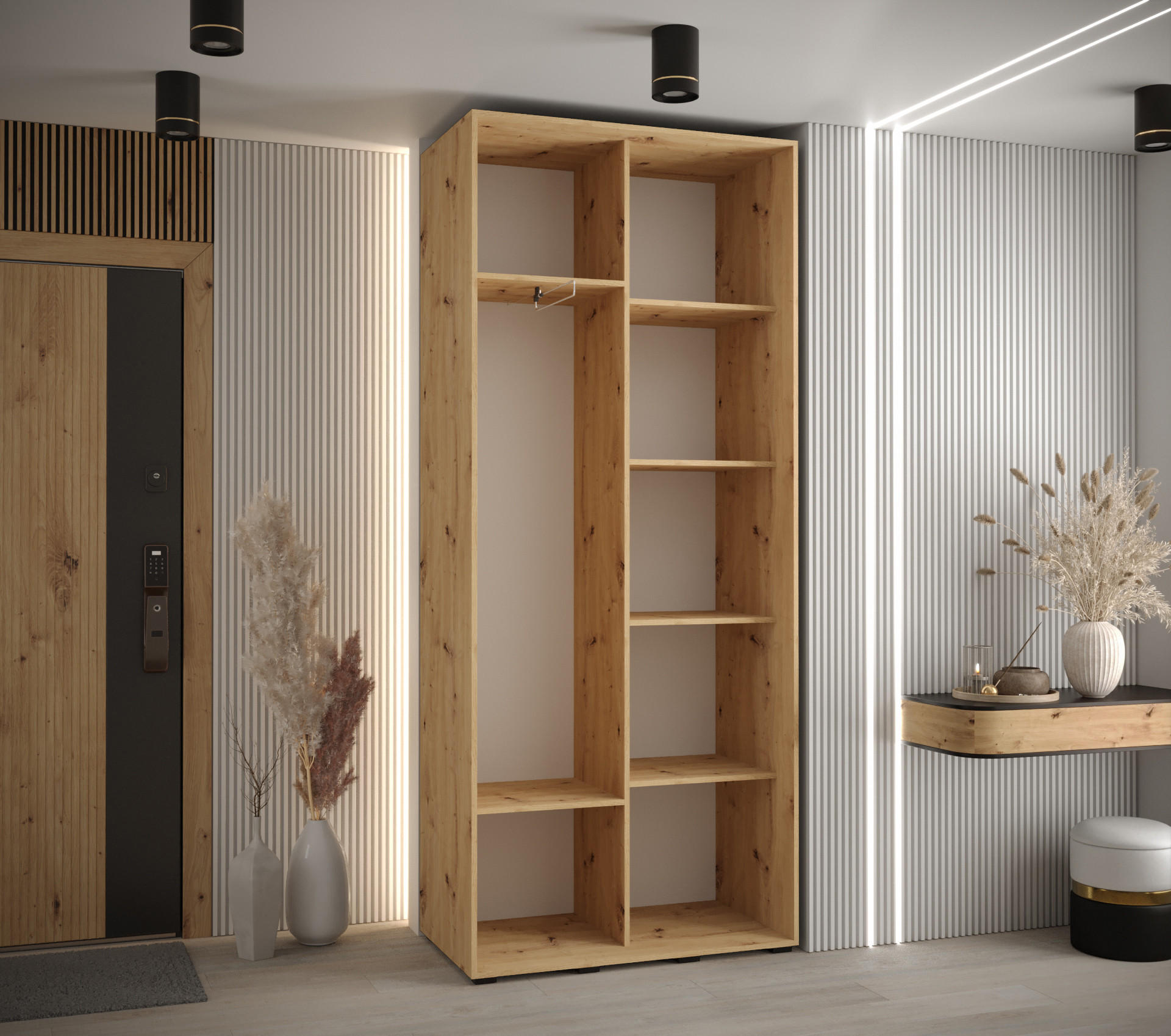 Thumbnail - Abiks Möbel Schwebetürenschrank, Eiche Artisan, Weiß, Silber, Metall, Nachbildung, 6 Fächer, 100x235x45 cm, Schlafzimmer...