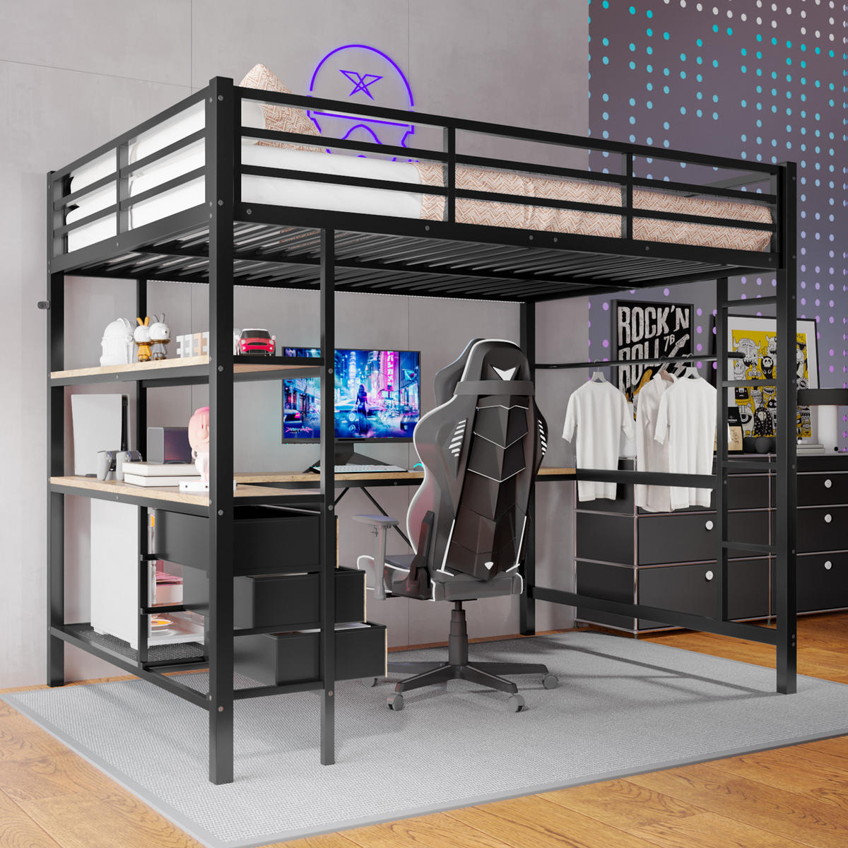 HOCHBETT 140x200cm Schwarz LED-Licht Schreibtisch USB 3 Schubladen - Schwarz, Metall (140/200cm) - FLIEKS