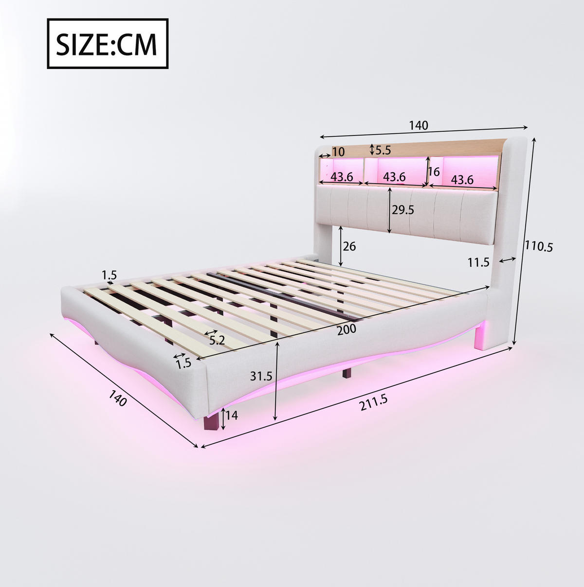 POLSTERBETT mit Stauraum, LED und USB 140x200 cm Beige - Beige, Metall (140/200cm) - Meubliv