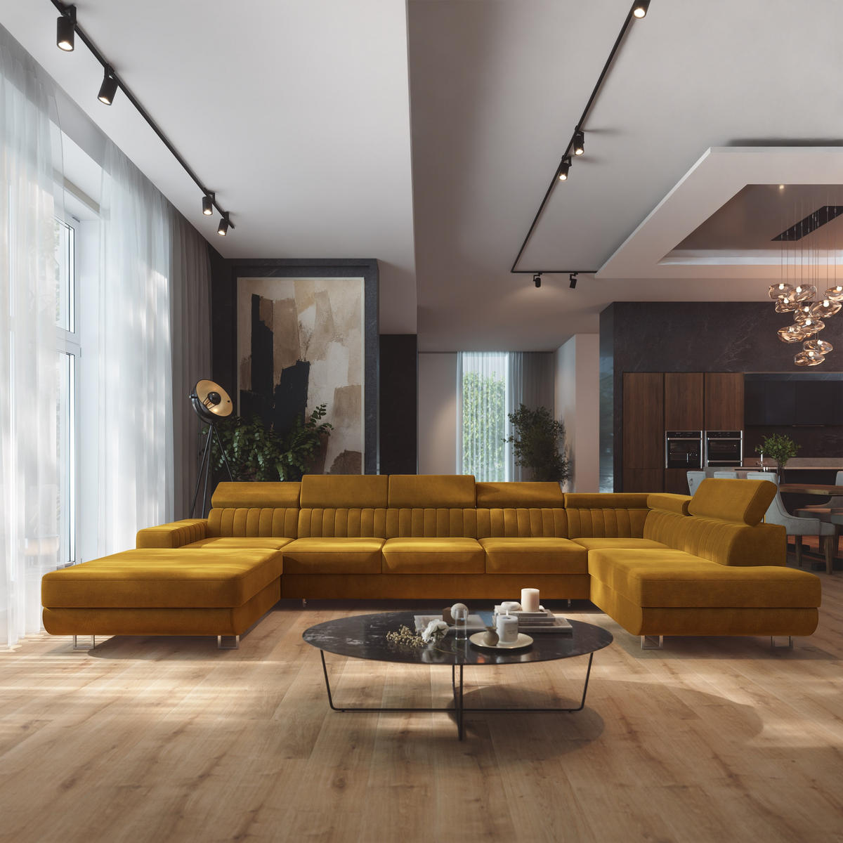 WOHNLANDSCHAFT GAIAN Gelb Velours-Stoff mit Schlaffunktion - Gelb, Holz (412/88/190cm) - MASSENO