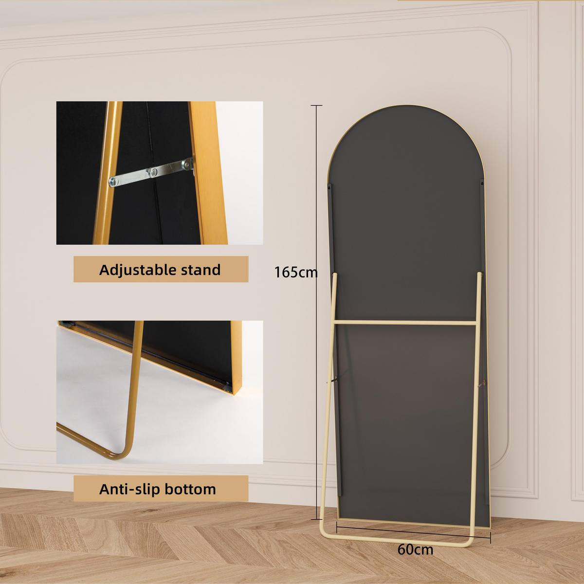 GANZKÖRPERSPIEGEL 60x165 cm, Bogen, Aluminiumrahmen, freistehend oder wandmontierbar in Gold - Goldfarben, Metall (60/4/165cm) - BRILVERDE