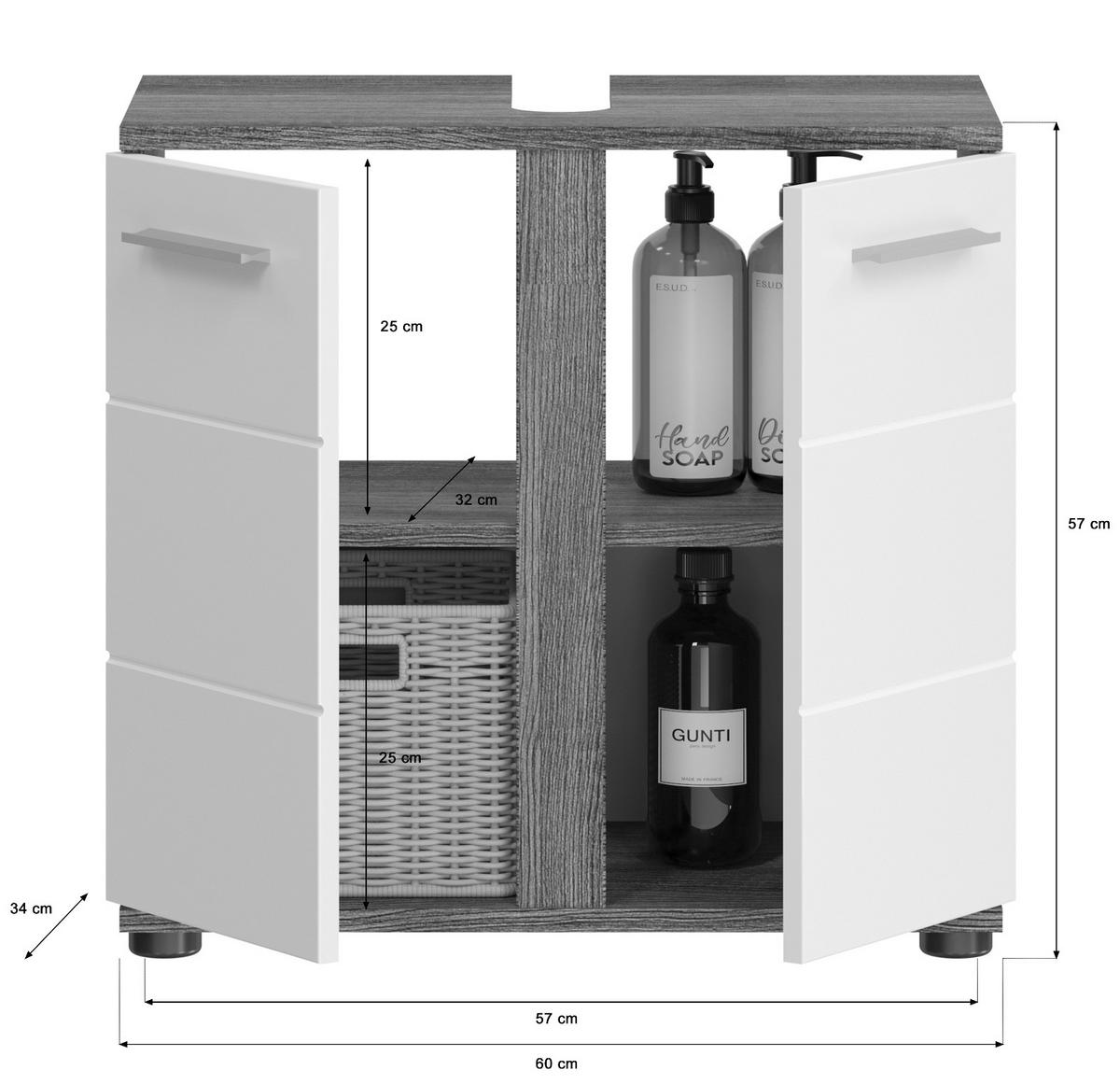 WASCHBECKENUNTERSCHRANK weiß Hochglanz, grau 60 cm, Badezimmer Unterschrank 2-türig - Weiß Hochglanz/Silberfarben, Holzwerkstoff/Kunststoff (60/57/34cm) - Inn.Furn