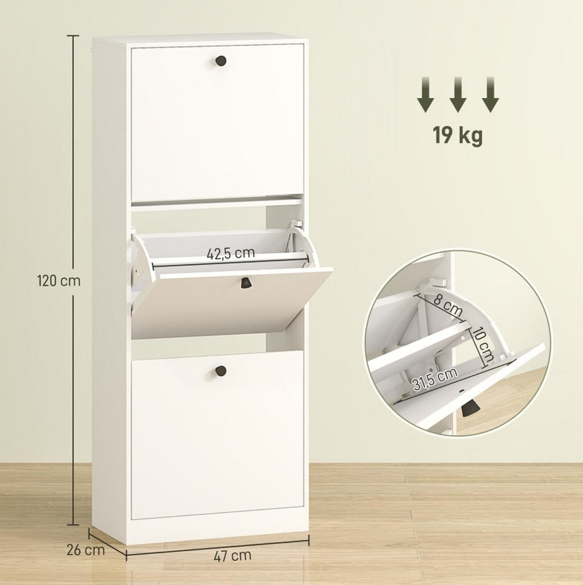 SCHUHSCHRANK 47/26/120 cm mit 3 Klappen und verstellbaren Einlegeböden, platzsparend, Weiß - Weiß, Holz (47/120/26cm) - Redom