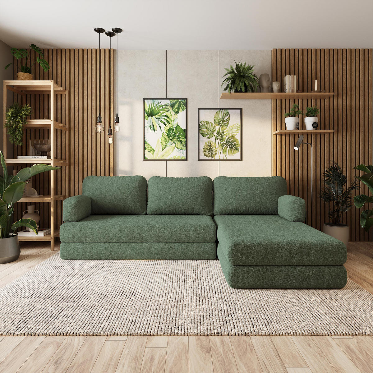 ROHOVÁ SEDAČKA LEA modulární Boneless pohovka s funkcí spaní, zelená barva QUELLE 37 - zelená barva, textil (270/160cm) - MASSENO