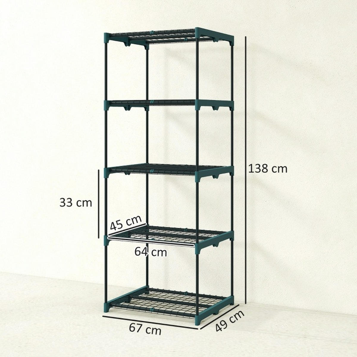 STANDREGAL aus Stahl und Kunststoff 67x49x138 cm Dunkelgrün mit 5 Ebenen, rostbeständiger Konstruktion und Steckmontage - Dunkelgrün, Metall (67/138/49cm) - Modfu