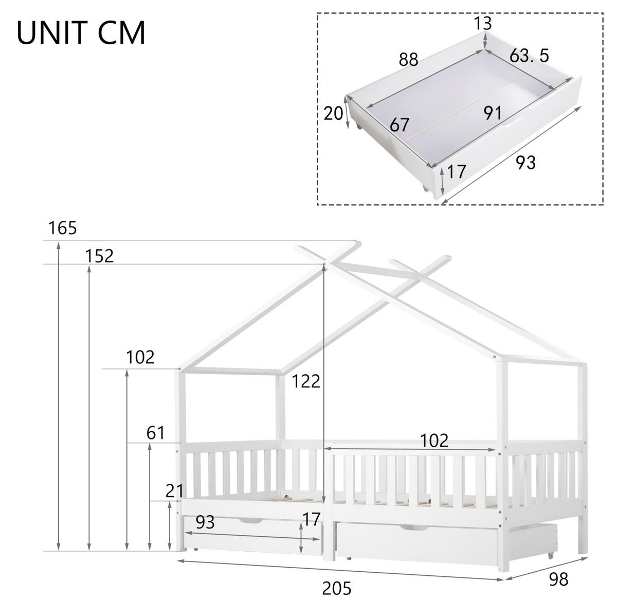 KINDERHAUSBETT 90x200 cm in Weiß mit Rausfallschutz, Lattenrost und 2 Schubladen - Weiß, Holzwerkstoff (90/200cm) - IVMEU