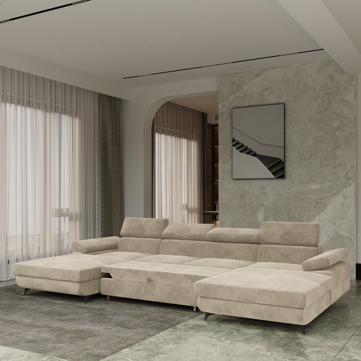 WOHNLANDSCHAFT DETTI Creme Velours-Stoff mit Schlaffunktion - Creme, Holz (339/89/190cm) - MASSENO