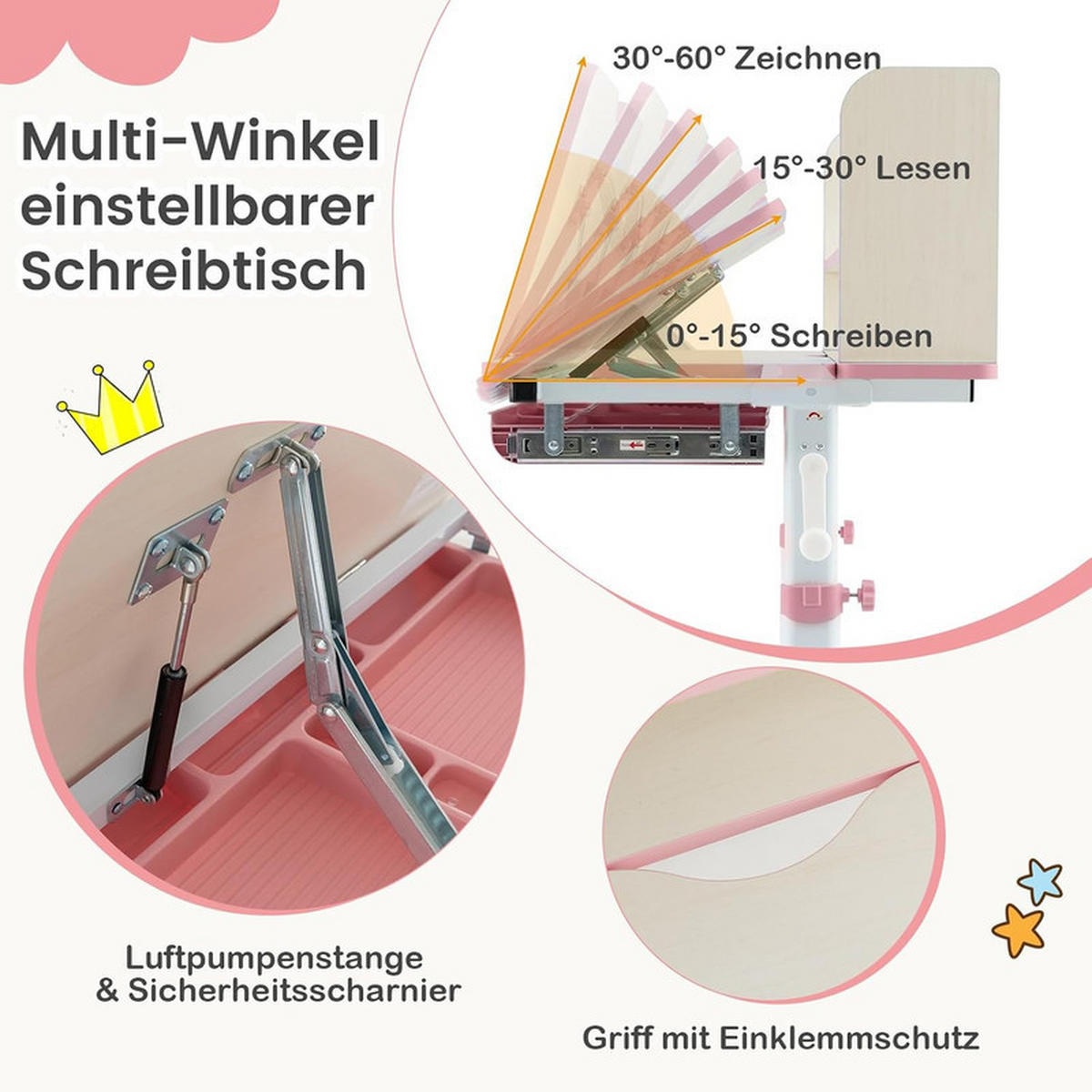 KINDERSCHREIBTISCH Höhenverstellbarer rosa - Pink, Metall (80/81.5/51cm) - COSTWAY