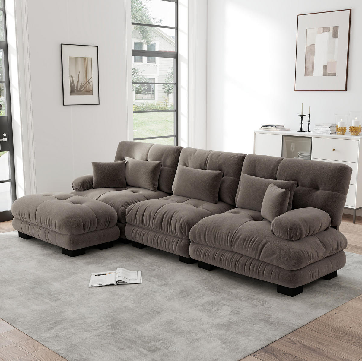 SOFA modular Chenille Brown mit Ottomans - Dunkelgrau, Kunststoff (145/313.1cm) - Meubliv