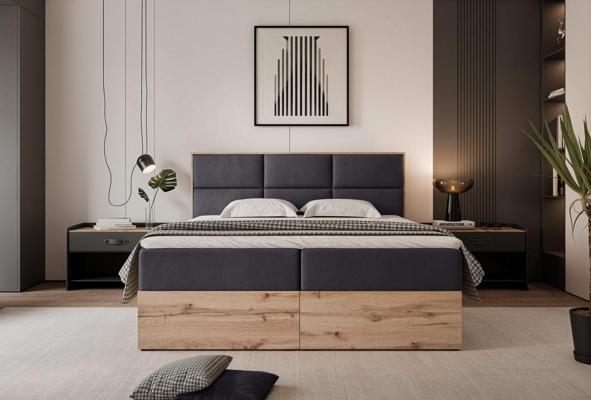 BOXBETT LAVIO 120/200 cm, in Dunkelgrau, mit Matratze und Topper - Dunkelgrau, Holzwerkstoff/Textil (120/200cm) - Idohome
