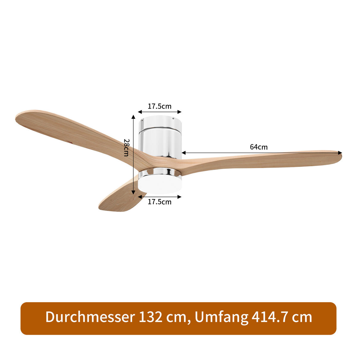DECKENVENTILATOR mit LED-Licht, 132 cm, Holzflügel, 6 Stufen & Timer - Naturfarben, Metall (132/132/28cm) - EuroLiving