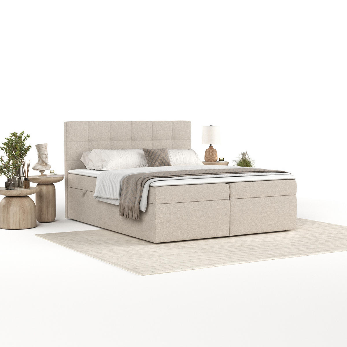 BOXBETT Lean 160/200 cm Hellbeige im Megan Stoff - Sandfarben/Schwarz, Holz/Holzwerkstoff (160/200cm) - AltaBeds