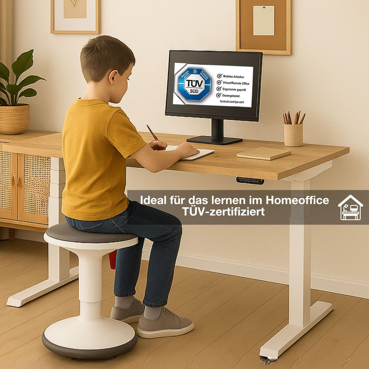 SCHREIBTISCH Elektrisch höhenverstellbarer Kinderschreibtisch JUNIOR Eiche Natura Signalweiß 120/70/52.5-121cm - Weiß/Eiche Artisan, Holzwerkstoff/Metall (70/120/121cm) - ASSMANN