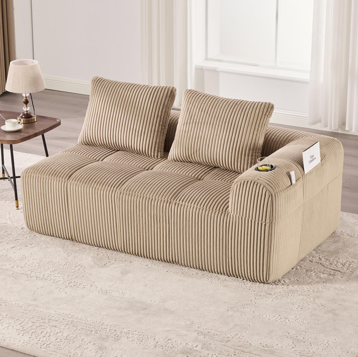 2-SITZER Sofa aus Cord 158x93x61 cm in Beige mit Seitenfächern & Becherhaltern - Beige, Textil (93/61/158cm) - Modfu