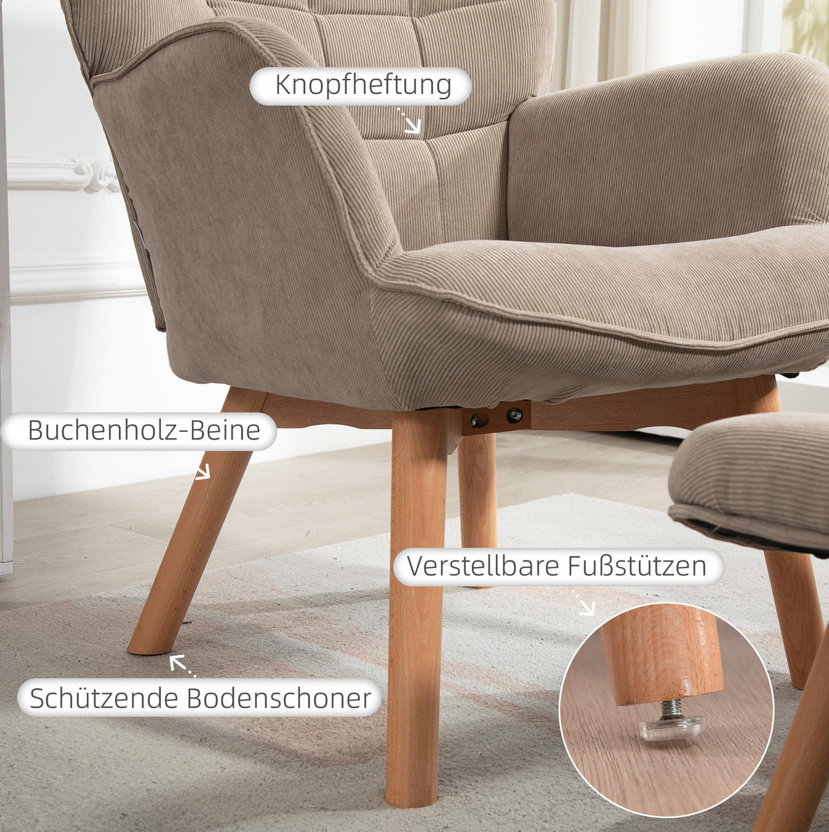 OHRENSESSEL mit Hocker Polyesterbezug, Holzbeine 72/80/101 cm Beige - Beige, Textil (72/101/80cm) - Redom