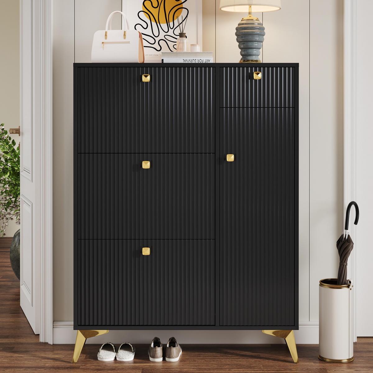 SCHUHSCHRANK 90/25/121 cm in Schwarz mit 3 Klappen, Schublade und Tür - Schwarz, Holzwerkstoff (90/121/25cm) - Flora Grace