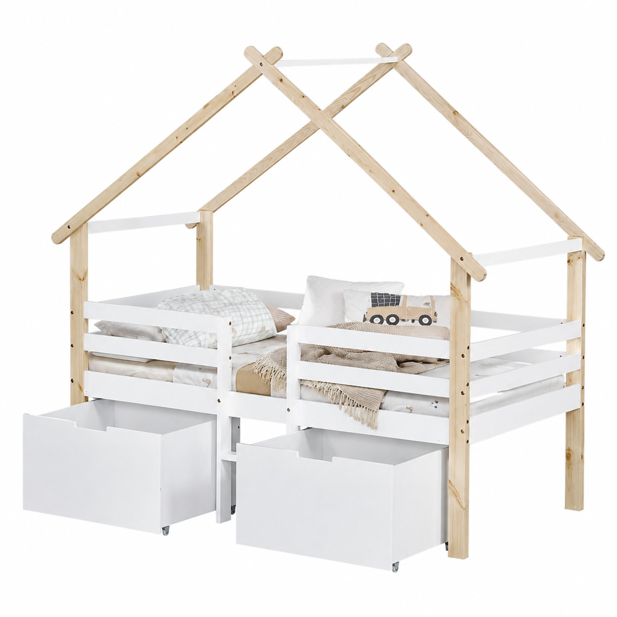 KINDERBETT halbhoch 90x200 cm mit Dach und Treppe Weiß Natur - Weiß, Holz (90/200cm) - Meubliv