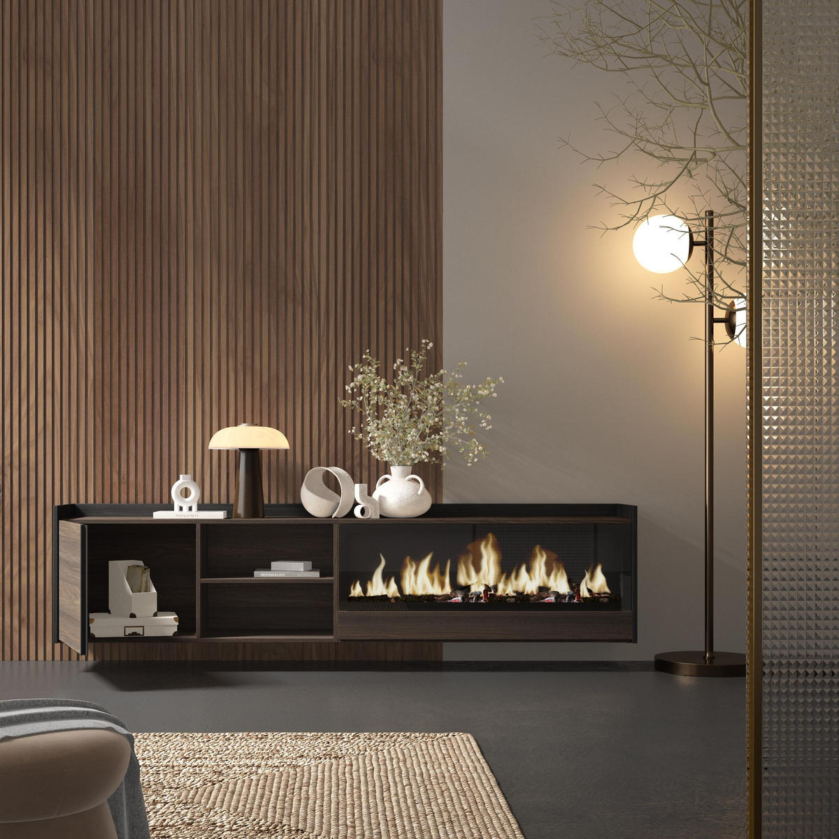 LOWBOARD, Eiche und Schwarz, 212/35/50cm, Kamin mit Feuereffekt XXL - Dunkelbraun, Holzwerkstoff (212/50/35cm) - Skraut Home