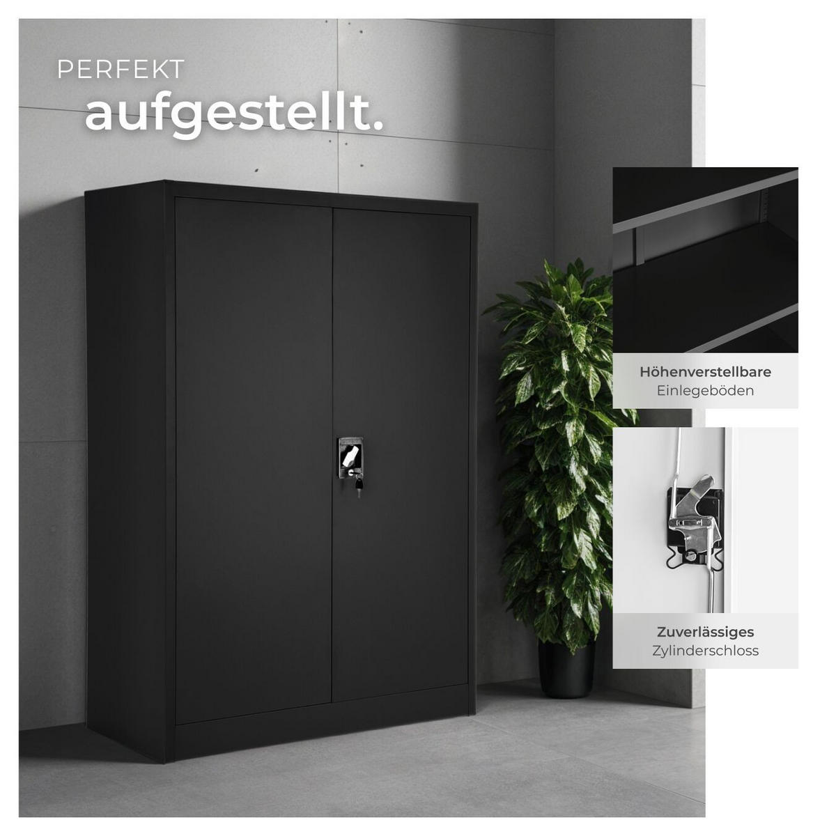 AKTENSCHRANK ,140 x 90 x 40 cm,schwarz - Schwarz, Metall (90/140/40cm) - tectake