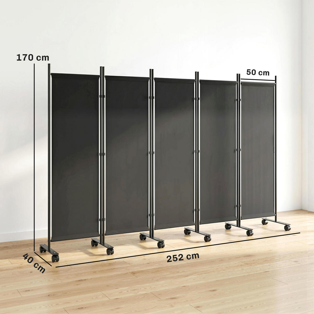 RAUMTEILER,5-TEILIG faltbar mit Rollen 252x170cm,schwarz - Schwarz, Metall (252/170cm) - Vallsero