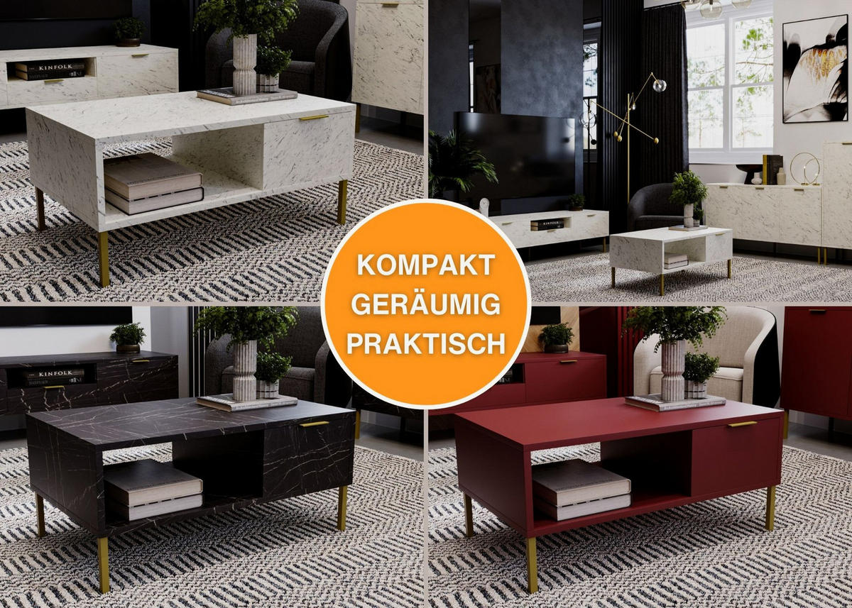 COUCHTISCH mit Stauraum und zusätzlicher Ablagefläche Weiß 92/45/50cm - Goldfarben/Schwarz, Holzwerkstoff (50/92/45cm) - CraftPAK