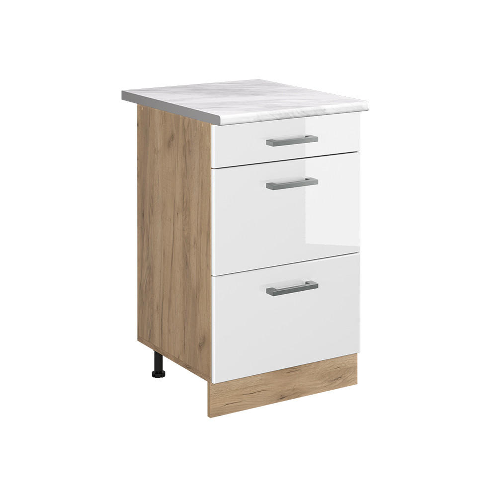 KÖKSUNDERSKÅP R-Line, Vit högblank/Goldkraft ek, 50 cm Marmuras stalviršis Vit högglans, Honungsek 81.6/50/60 cm