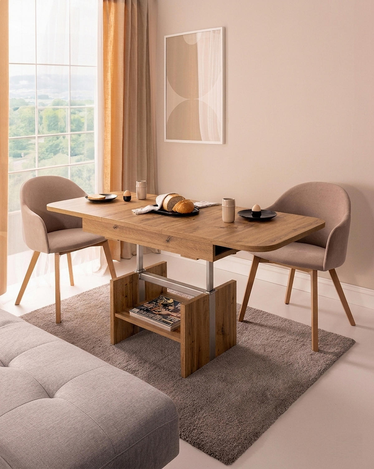 COUCHTISCH rechteckig ausziehbar höhenverstellbar Ablage 110/64/56 cm - Eichefarben, Holzwerkstoff (65/110/56cm) - designimpex