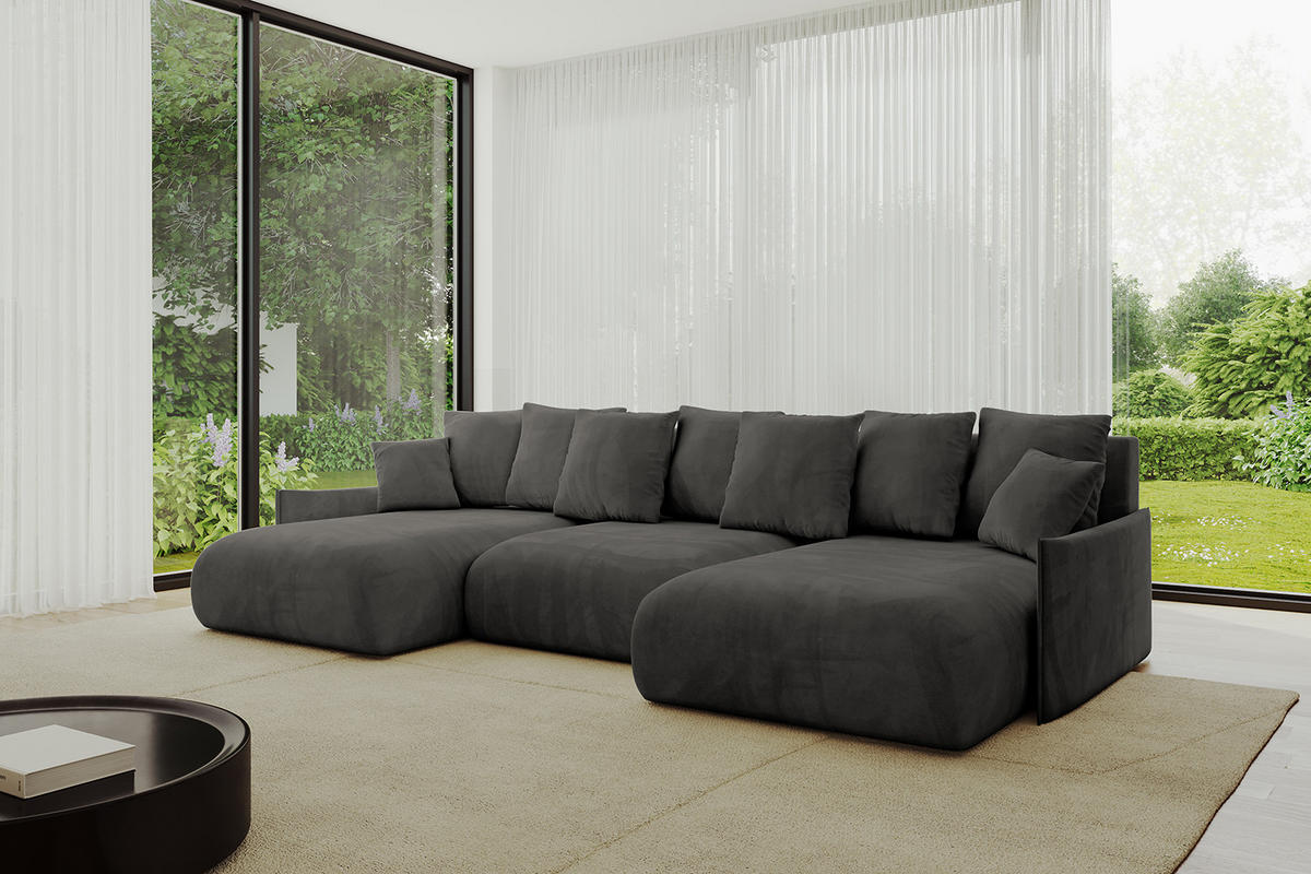 WOHNLANDSCHAFT mit Schlaffunktion und Bettkasten ONESK-U-v1 304x165x40 Dunkelgrau Velours - Dunkelgrau, Holzwerkstoff/Kunststoff (304/90/165cm) - ALTDECOR