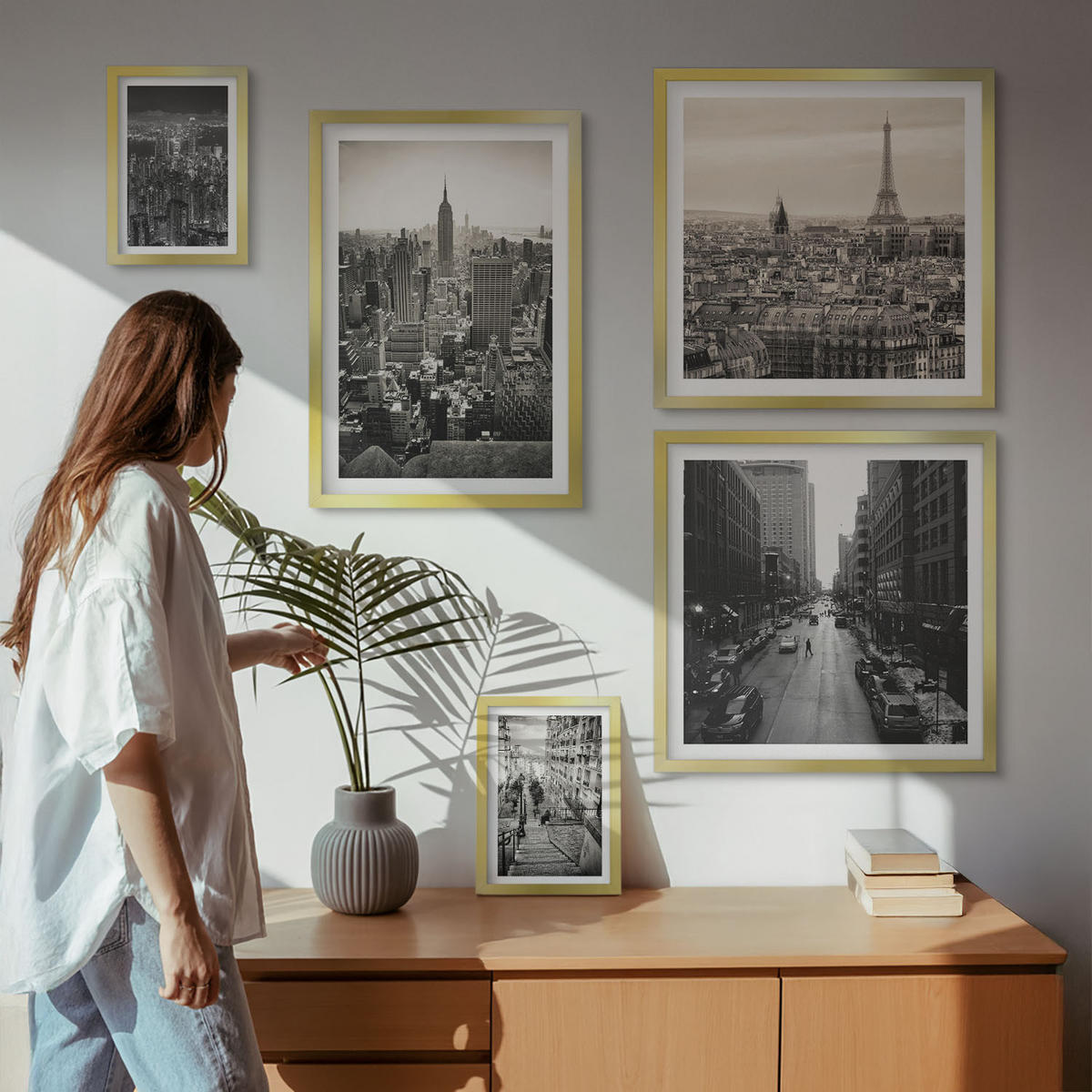 WANDBILDER 5er Set - 50x50 cm & 20x30 cm & 40x60 cm Goldrahmen - Winterlandschaften, Wasserfälle, Nordlichter - Goldfarben, Kunststoff (40/60cm) - ArtPrintCave