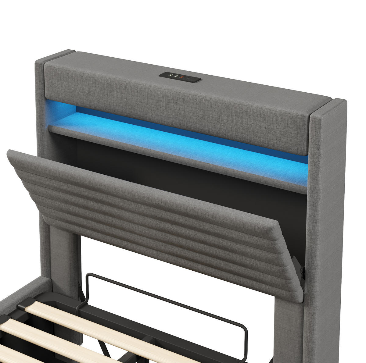 POLSTERBETT 90/200 cm aus Leinen mit LED-Beleuchtung und USB-Typ-C-Ladefunktion Grau - Flieder, Textil (90/190cm) - Modenvie
