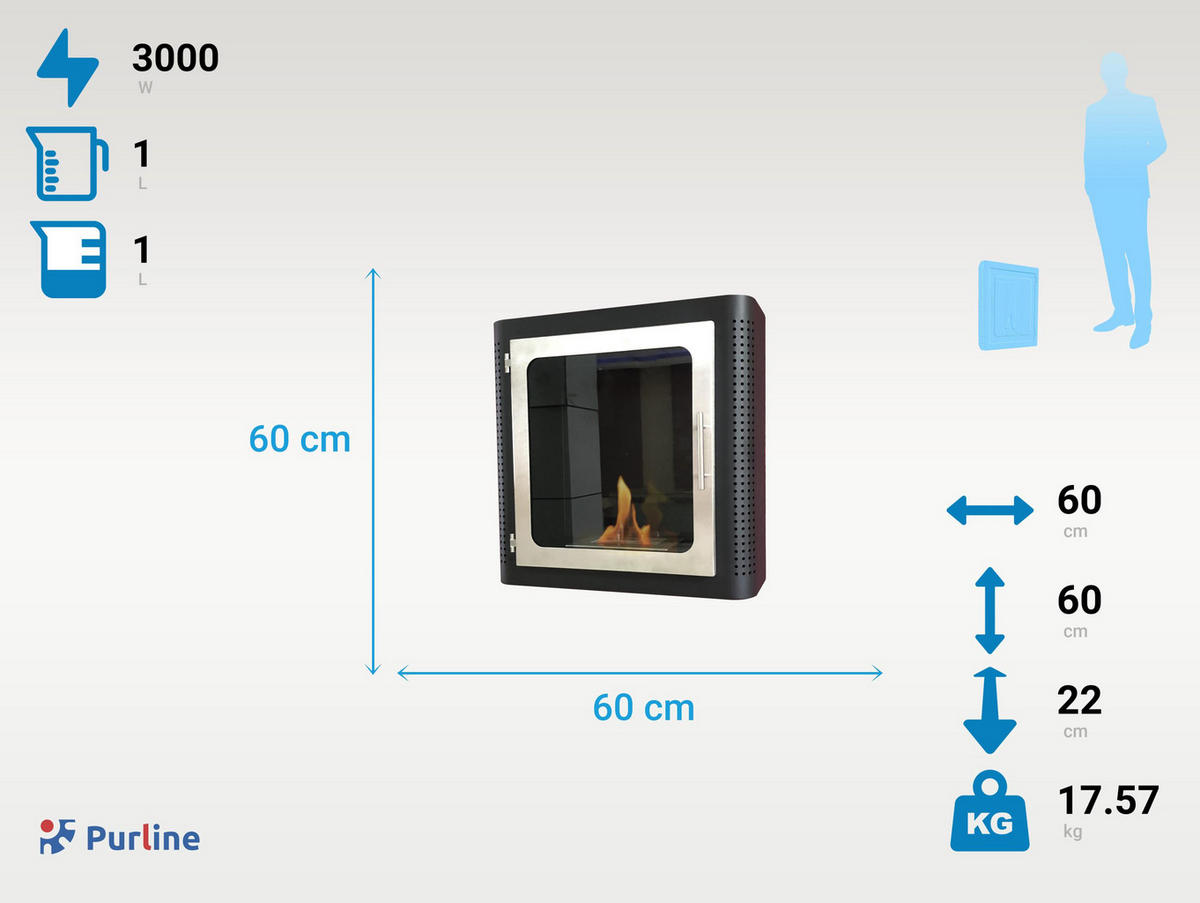 BIOETHANOL-KAMIN Schwarz Wandmodell inklusive 1 L Brennblock - Schwarz, Metall (60/60/22cm) - Purline