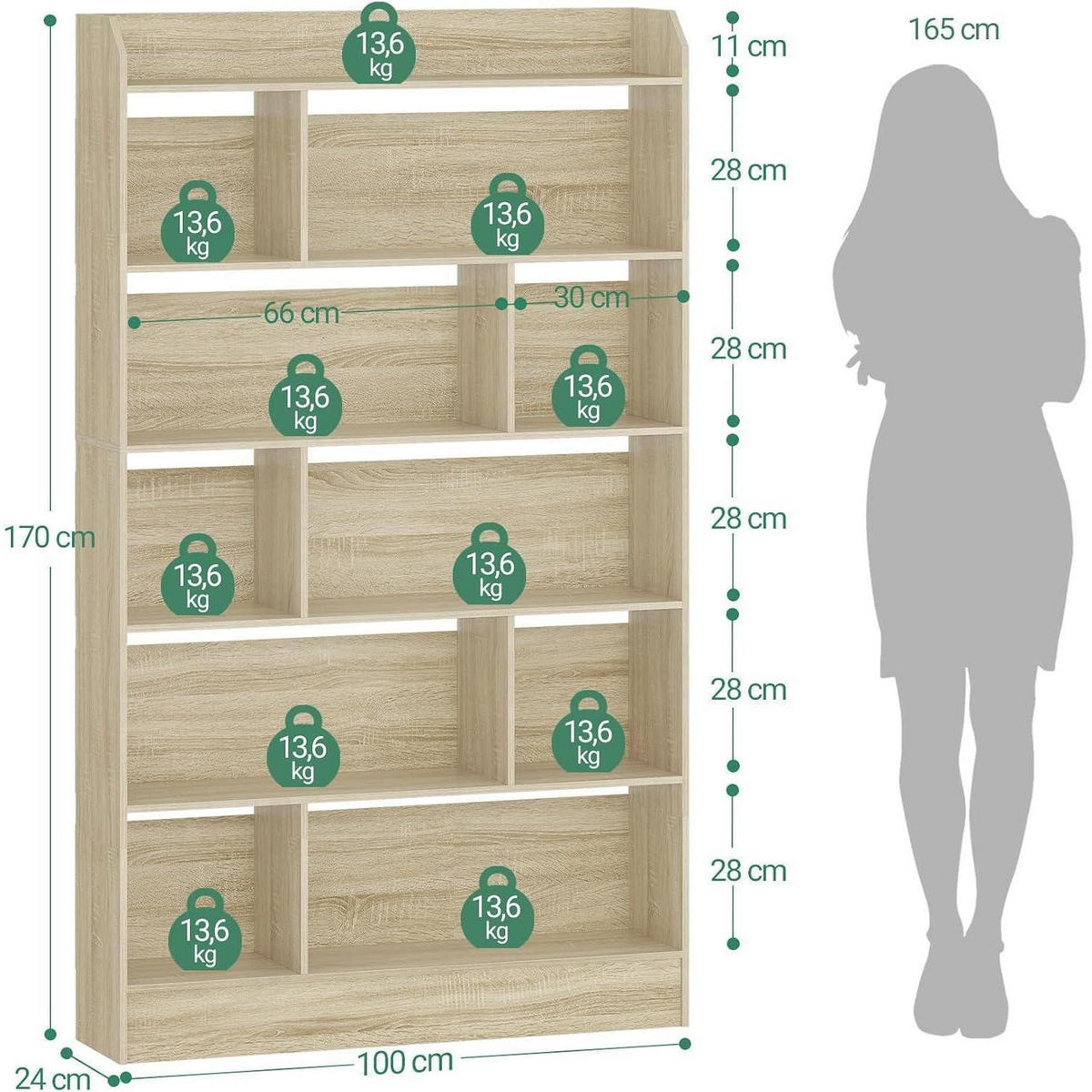 BÜCHERREGAL 6 Fächer Eichenbeige 100 x 170 cm - Beige, Holzwerkstoff (100/170/24cm)