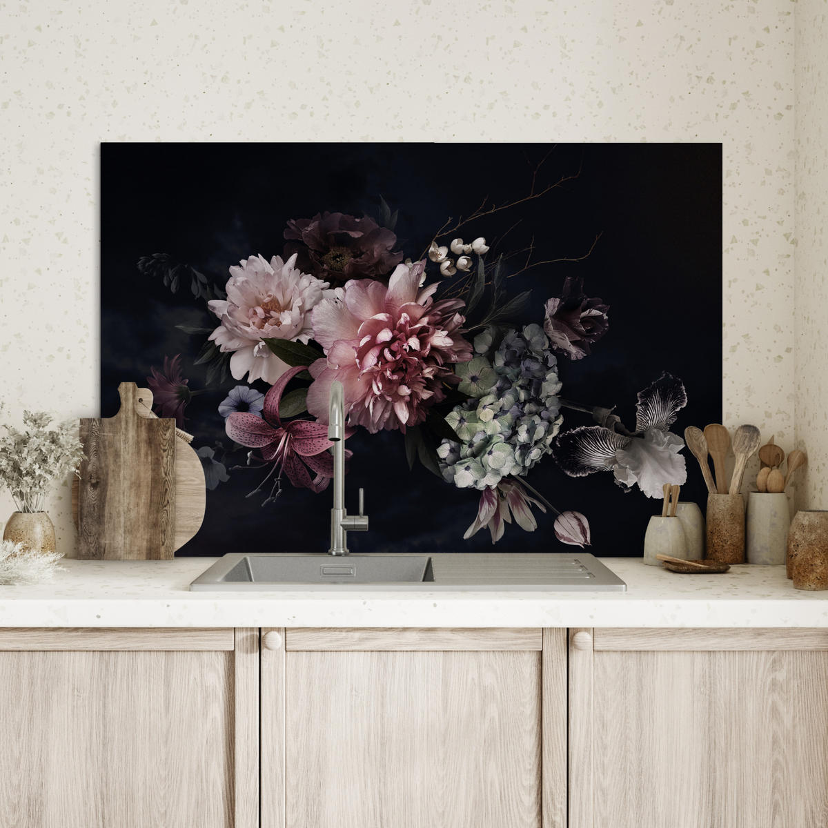 SPRITZSCHUTZ KÜCHE Blumen - Vintage - Pastell - Rosa - Weiß 90x60 cm - Altrosa, Metall (90/0.3/60cm) - MuchoWow