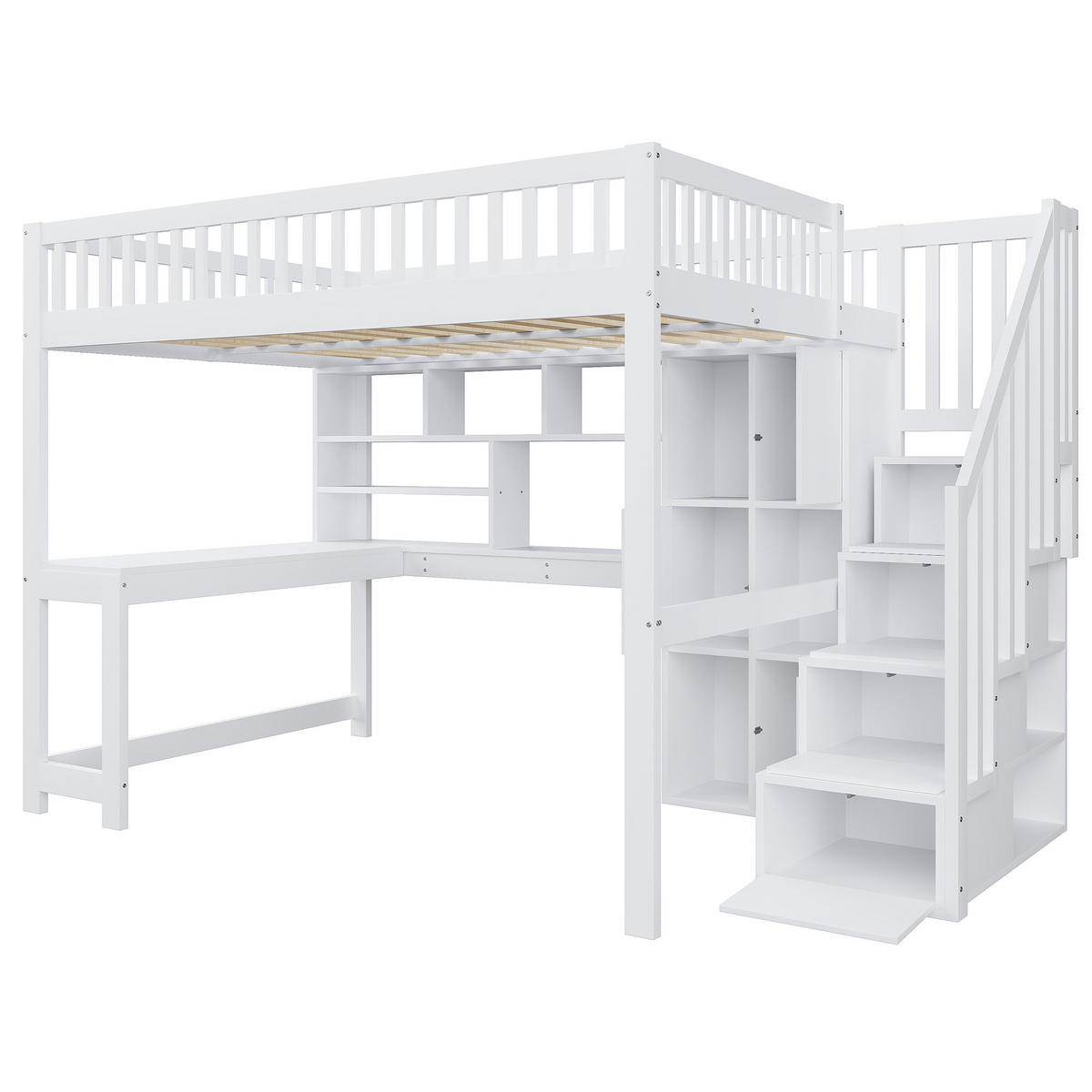 HOCHBETT 140x200cm Weiß LED-Licht Ablageleiter Schreibtisch - Weiß, Holz (140/200cm) - FLIEKS