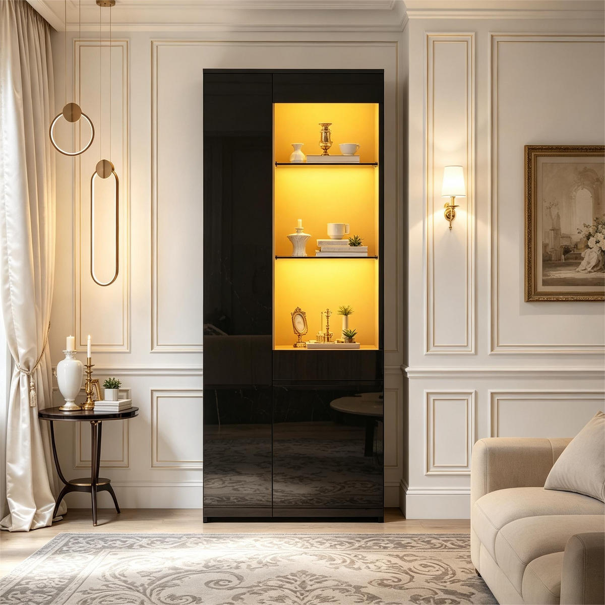 VITRINE 70x35x180 cm Schwarz mit LED und Schubladen - Schwarz, Holzwerkstoff (70/180/35cm) - FLIEKS