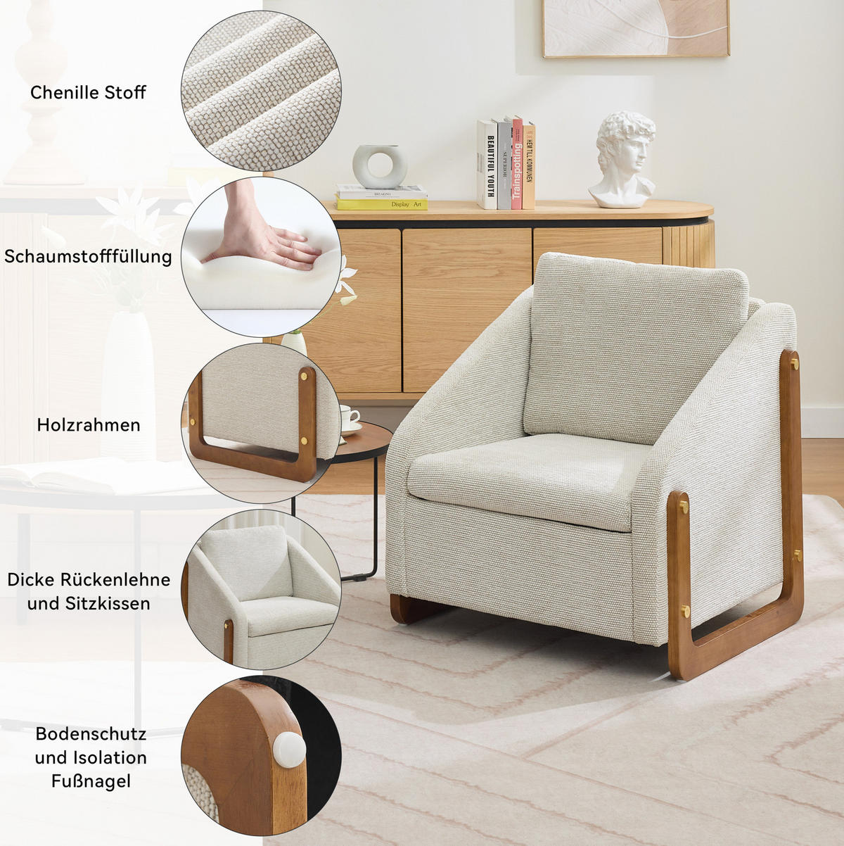 SESSEL mit Chenille-Bezug und Holzarmlehnen 73.5/73.5/73.5 cm Beige - Beige, Textil (73.5/73.5/73.5cm) - Redom