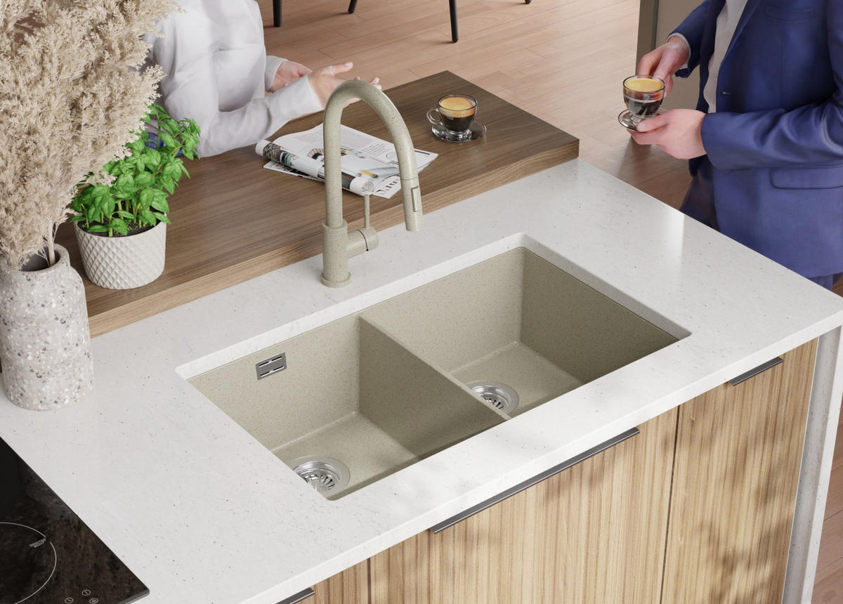 UNTERBAUSPÜLE GRANIT London Twin, 2-er set Beige 76/47 cm 2 Becken + Küchenarmatur 40/20 cm + Ablauf-Set ab 80er Unterschrank - Chromfarben/Beige, Kunststoff (76/20/47cm) - Primagran