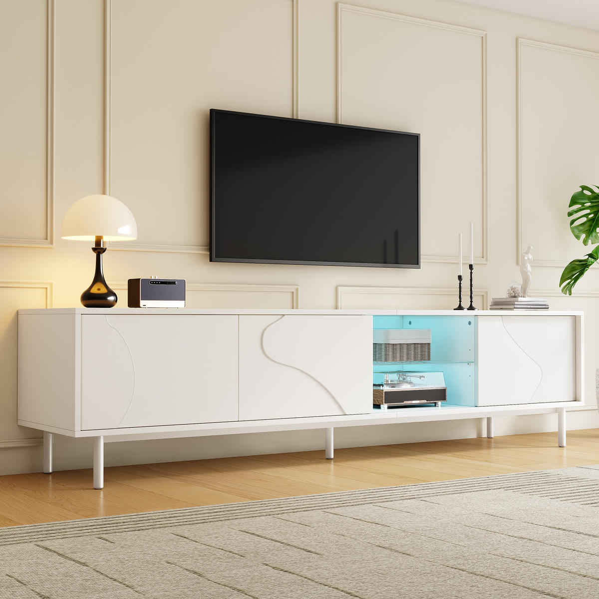 TV-ELEMENT Weiß mit Schiebetüren, Glasböden und App-LED-Beleuchtung - Weiß, Holzwerkstoff (40/45/180cm) - Korfee
