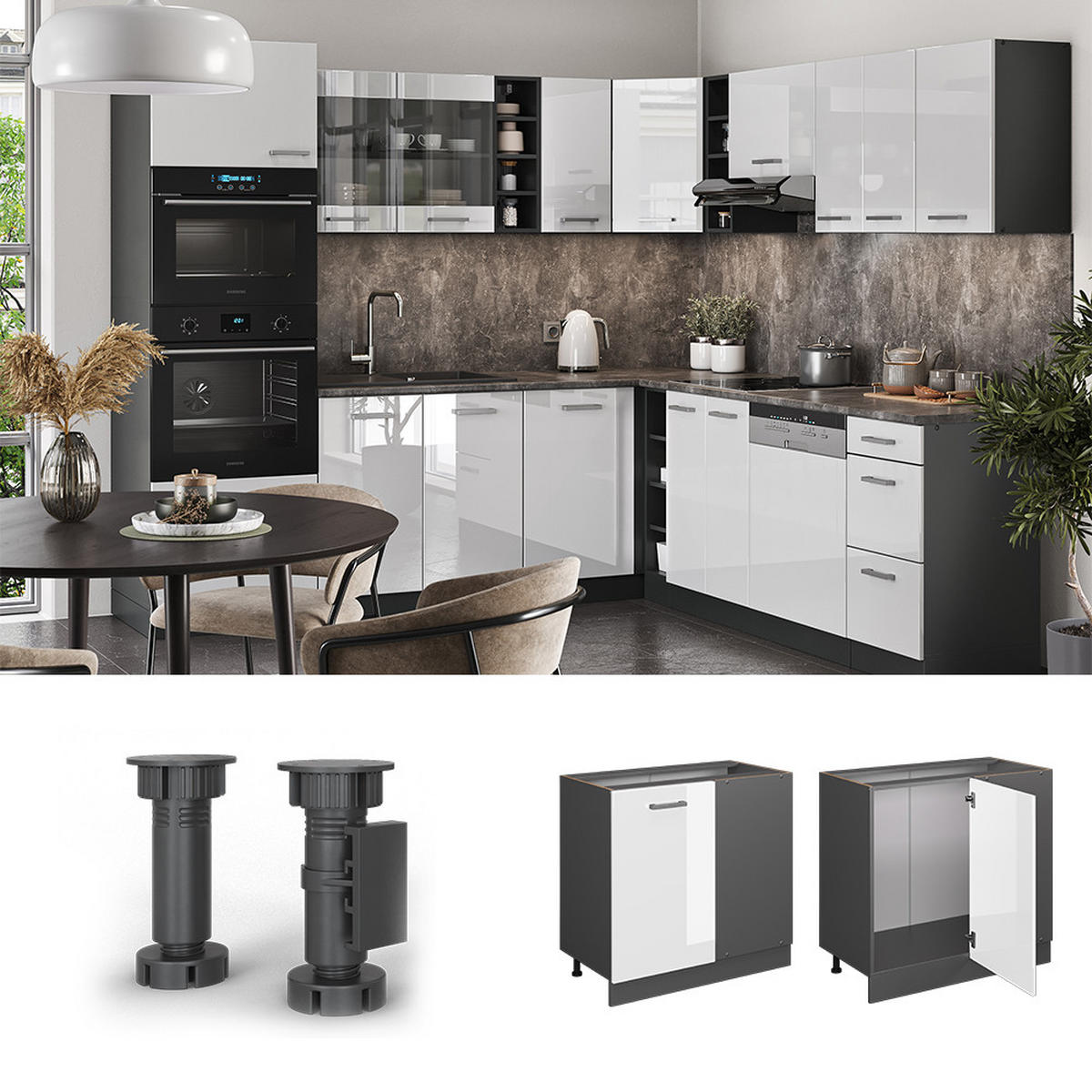 ECKUNTERSCHRANK R-Line Weiß Hochglanz 86 cm, AP Anthrazit - Weiß Hochglanz/Anthrazit, Holzwerkstoff (86/81.6/60cm) - Vicco