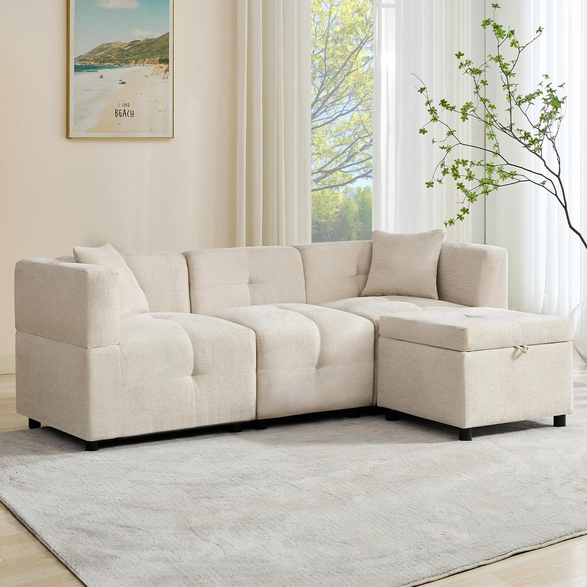 ECKSOFA 3-Sitzer L-Form Stauraum Fußhocker Kissen - Beige, Holz (59.69/59.69cm) - FLIEKS