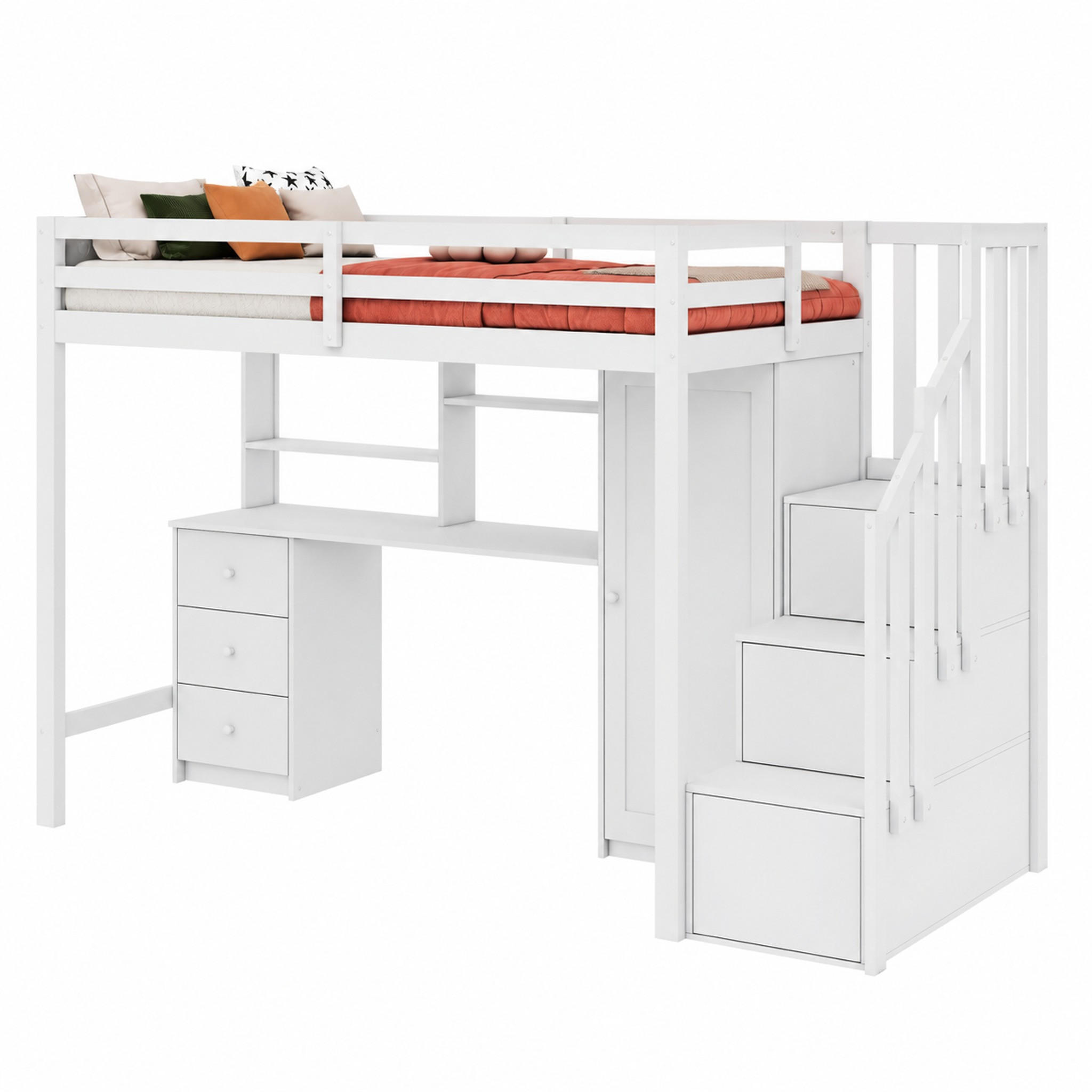 ETAGENBETT mit Schreibtisch und Kleiderschrank 90x200 cm Weiß - Weiß, Holz (90/200cm) - Meubliv